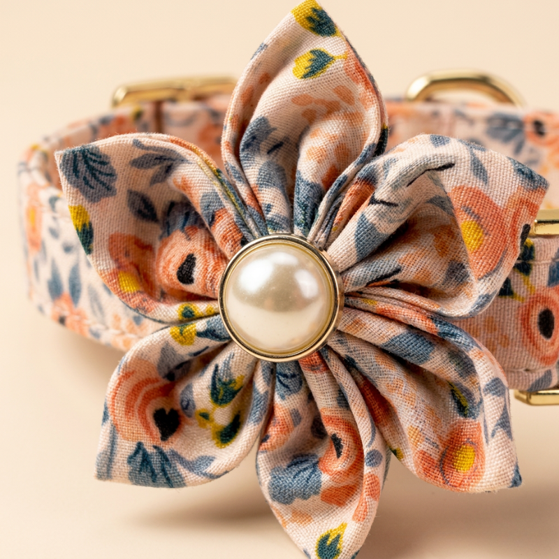 Premium Floral Dog Collar with Gold Metal Buckle  Adjustable Cotton Collar for Small Medium Large Dogs | Matching Leash & Bow Option | Custom Engraved Name & Phone