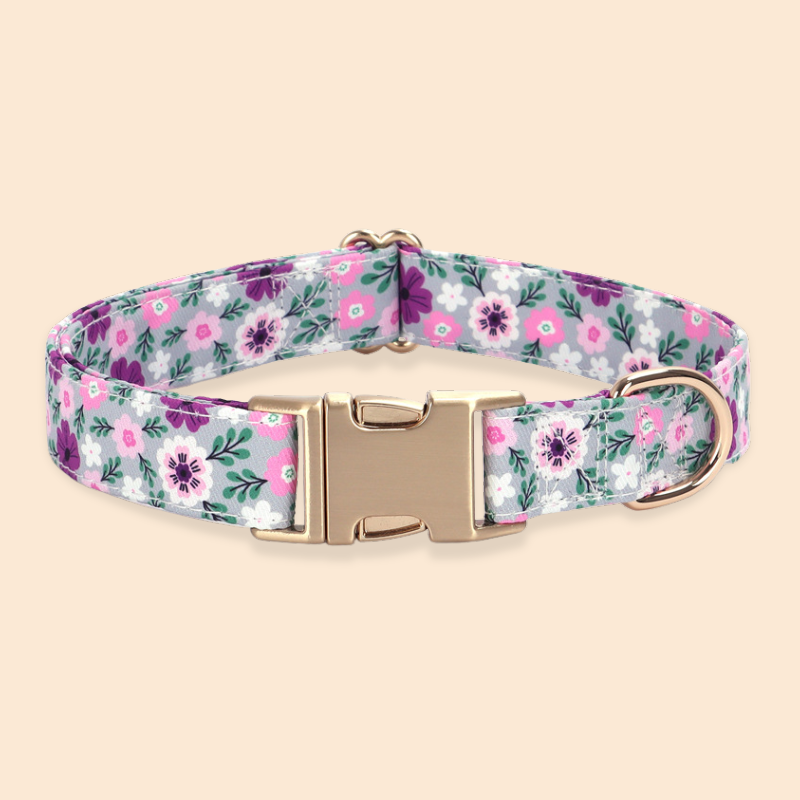 Floral Dog Collar with Metal Buckle — Adjustable Cotton Collar for Small Medium Large Dogs | Matching Leash & Bow Available | Custom Engraved Name & Phone Option