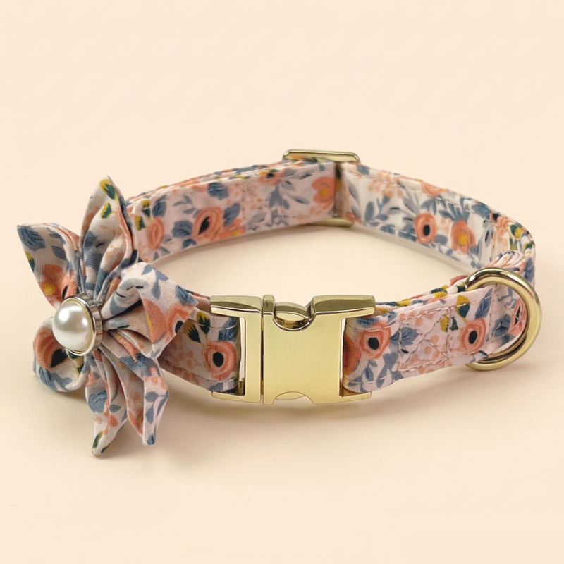 Premium Floral Dog Collar with Gold Metal Buckle  Adjustable Cotton Collar for Small Medium Large Dogs | Matching Leash & Bow Option | Custom Engraved Name & Phone